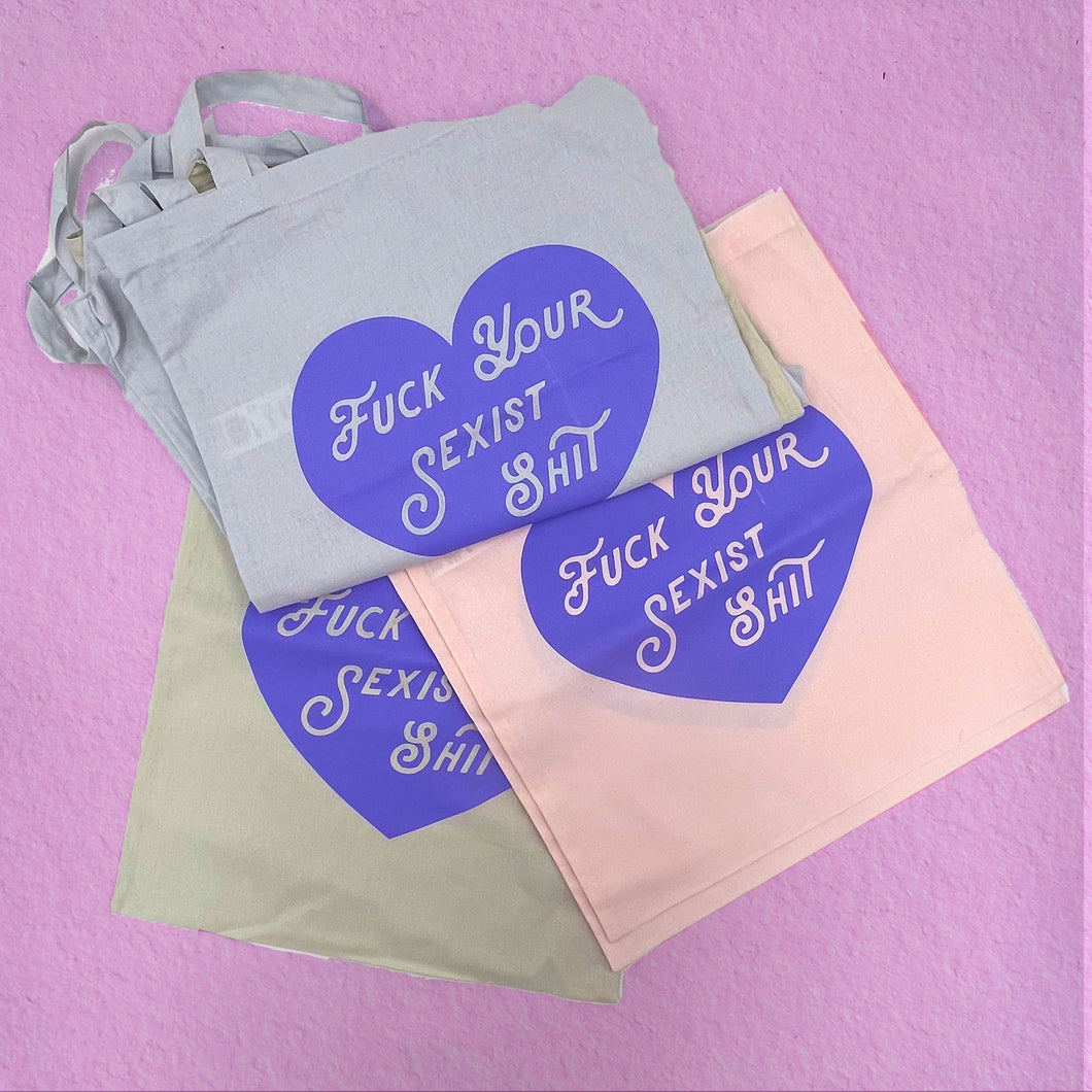 Fuck your sexist shit Pastel tote bags