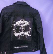 Load image into Gallery viewer, Custom Sewn Denim Jacket with Patches and Enamel Pins
