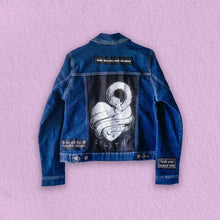 Load image into Gallery viewer, One of a kind feminist punk denim jacket with patches, enamel pins &amp; crystal blood drop detail
