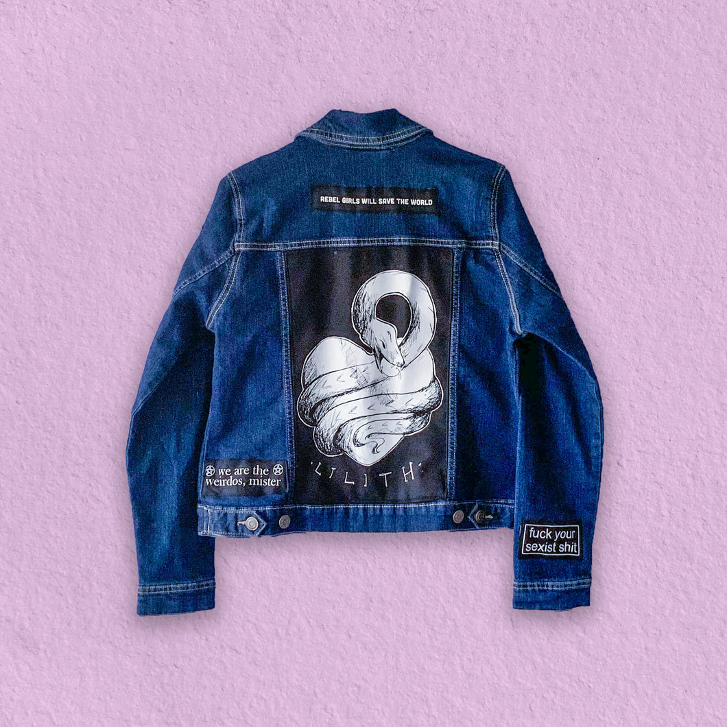 One of a kind feminist punk denim jacket with patches, enamel pins & crystal blood drop detail