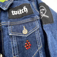 Load image into Gallery viewer, One of a kind feminist punk denim jacket with patches, enamel pins &amp; crystal blood drop detail
