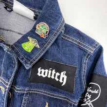 Charger l&#39;image dans la galerie, One of a kind feminist punk denim jacket with patches, enamel pins &amp; crystal blood drop detail
