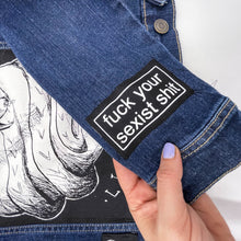 Lade das Bild in den Galerie-Viewer, One of a kind feminist punk denim jacket with patches, enamel pins &amp; crystal blood drop detail
