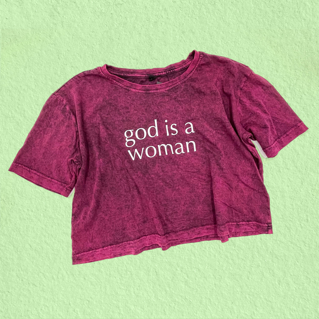 God is a Woman Screen Printed Acid Wash Crop T-shirt