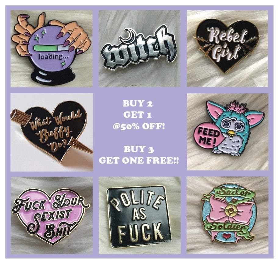Enamel Pins special offer buy 3 get one free buy 2 get one at 50% off - ScreenGirl Merch