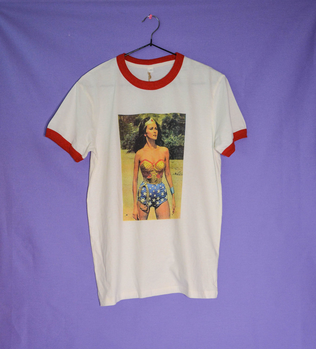 Wonder Woman 4 Colour Cmyk photorealistic hand print ringer vintage tshirt summer girl power - ScreenGirl Merch