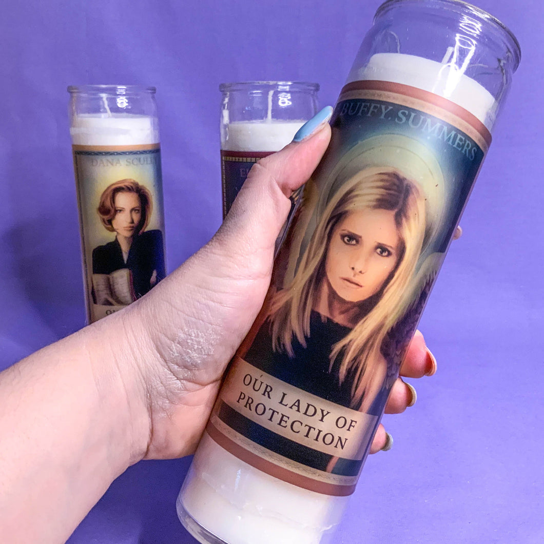 witchy  votive glass prayer candle prayer candle | strength | persevere | Ripley Buffy Scully Pop Culture Madonnas | feminist female icon - ScreenGirl Merch