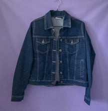 Load image into Gallery viewer, Custom sewn denim jacket with patches and enamel pins - ScreenGirl Merch
